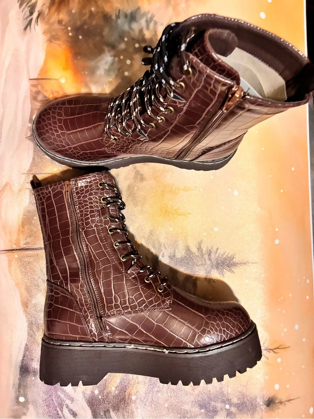 Croc-Embossed Brown Combat Boots 8.5